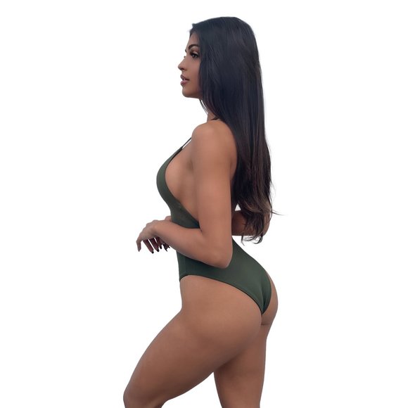 One Piece Solid Olive Green Swimsuit - Picture 2 of 6